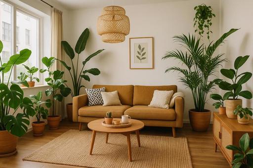 観葉植物に囲まれたインテリア 観葉植物に囲まれたインテリアの写真