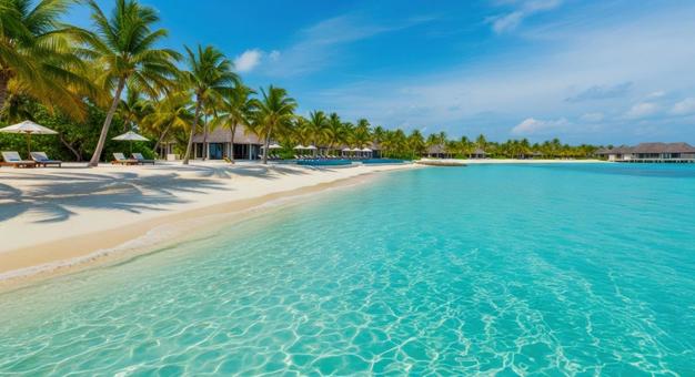 白砂と青い海が広がる南国リゾート絶景写真 白砂と青い海が広がる南国リゾート絶景写真の写真
