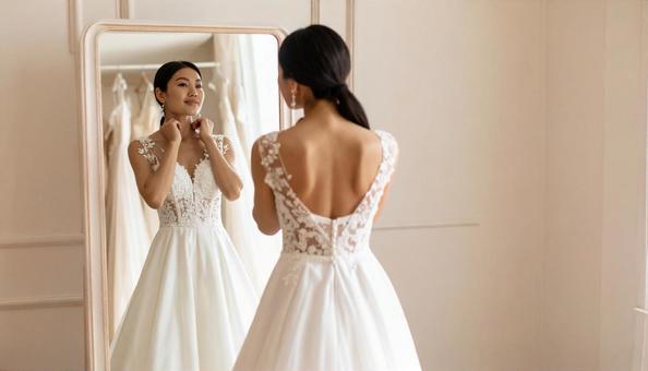 ウエディングドレスを試着する花嫁の写真