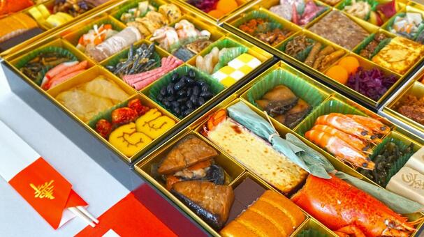 正月の華やかなおせち料理の重箱詰め合わせ おせち,おせち料理,正月の写真素材