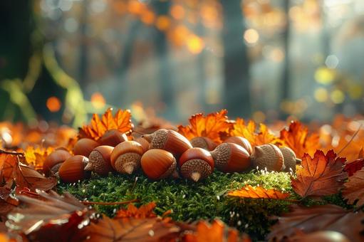 森の中の苔の上に落ちたどんぐりと落ち葉の写真