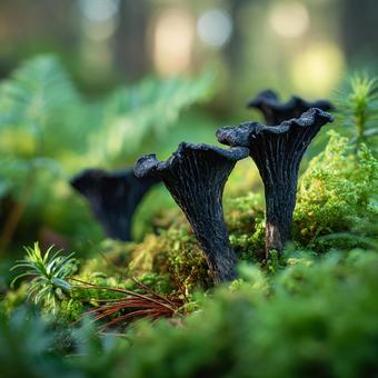 幻想的な森の苔と黒いキノコの群生 幻想的な森の苔と黒いキノコの群生の写真