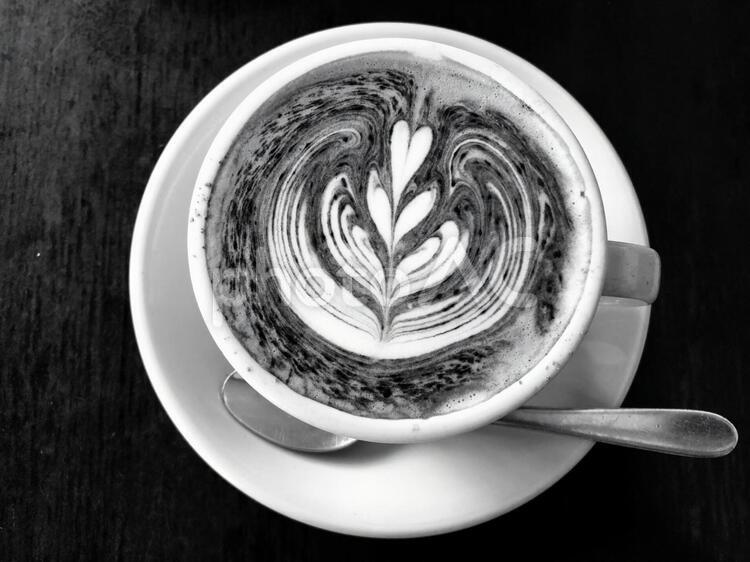 カプチーノ　ラテアート　モノクロ写真 コーヒー,ドリンク,朝食の写真素材