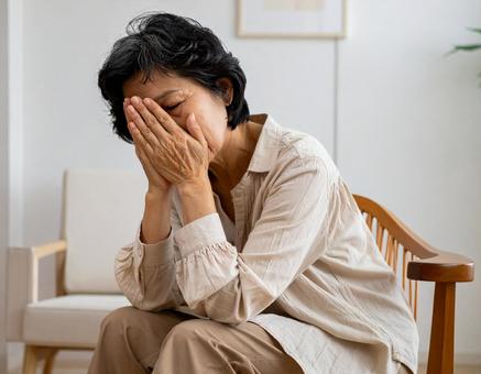 疲れた表情で休むシニアの日本人女性 疲れた表情で休むシニアの日本人女性の写真