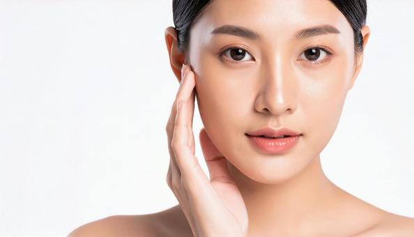 頬に右手を添える若い女性 頬に右手を添える若い女性の写真
