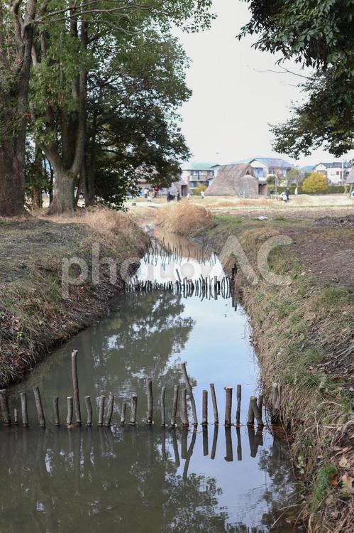 弥生時代のムラにある水路と木の棒 登呂遺跡,遺跡,弥生時代の写真素材