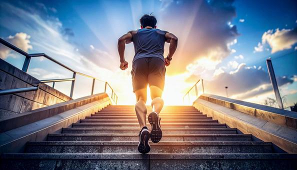 階段を駆け上がる日本人の男性ランナー 階段を駆け上がる日本人の男性ランナーの写真