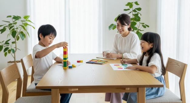 カラフルなブロックとお絵描きをする親子の写真