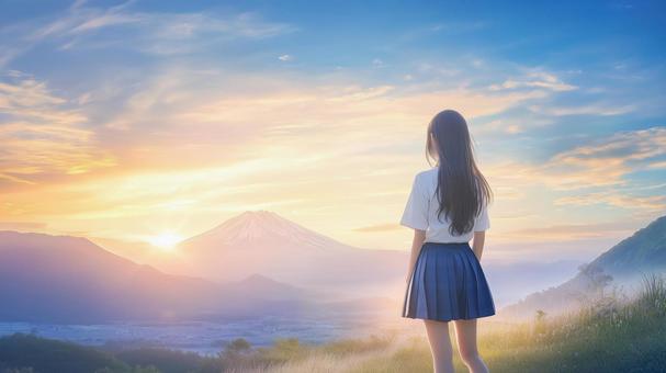 夕日を見つめる女学生 夕日を見つめる女学生の写真