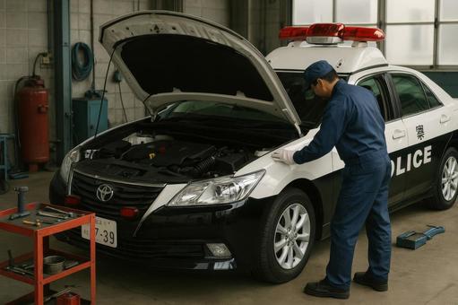 パトカーを整備する整備員 パトカーを整備する整備員の写真