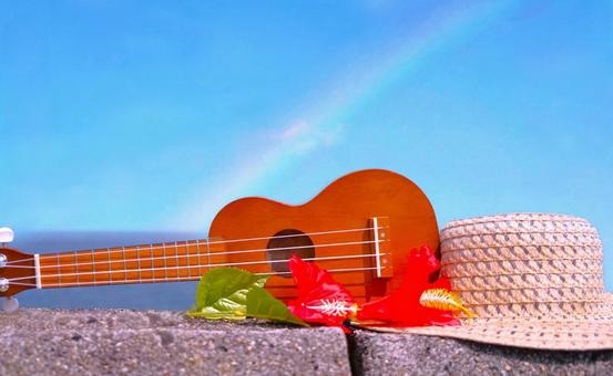 海辺のウクレレ③ ウクレレ,ハイビスカス,帽子の写真素材