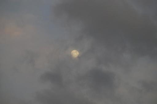 暗い夕暮れに浮かぶ白い月の写真