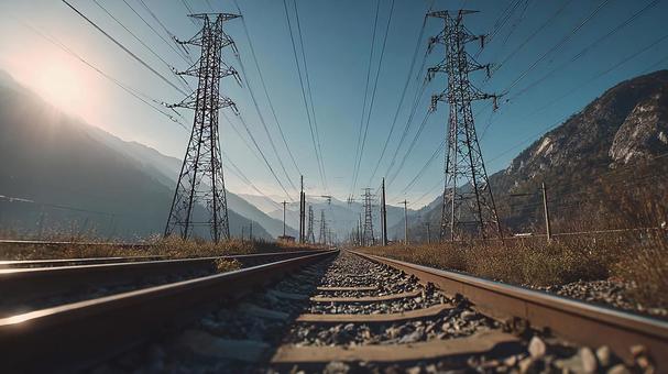 希望へ続く一本道と電線の写真
