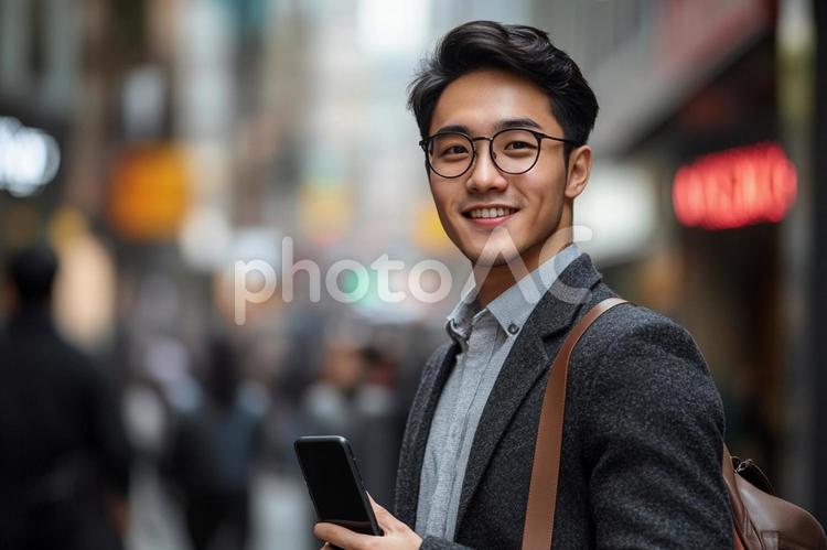 街中でスマホを使う男性のイメージ 男性,人物,スマートフォンの写真素材