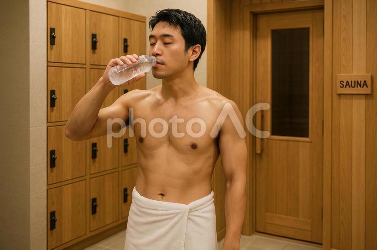 サウナ前に水を飲む男性 サウナ,男性,水分補給の写真素材