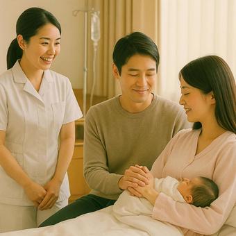 看護師と産後のママとパパと赤ちゃん 看護師と産後のママとパパと赤ちゃんの写真