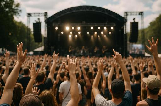 夏フェスで手を挙げて盛り上がる観客 夏フェスで手を挙げて盛り上がる観客の写真