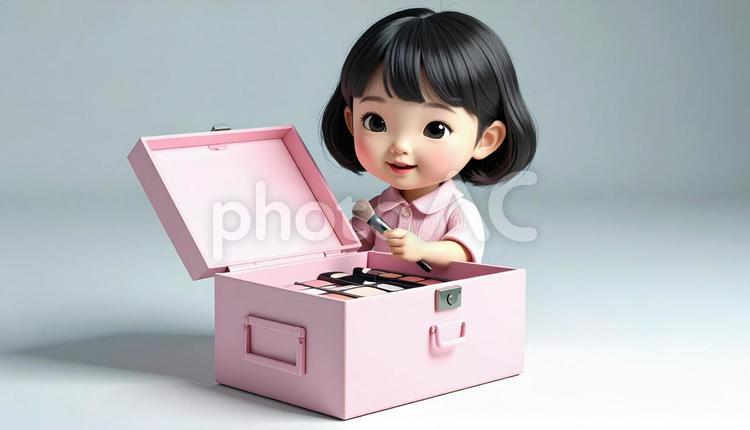 子供用のメイクボックスとメイクする人形 子供メイク,憧れ,化粧の写真素材