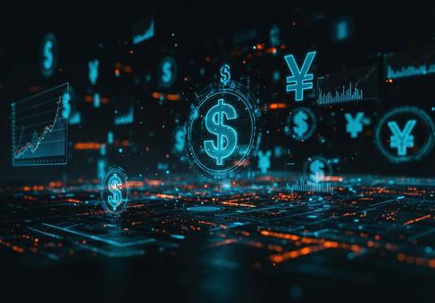 サイバー空間で輝く通貨シンボルとグラフ サイバー空間で輝く通貨シンボルとグラフの写真