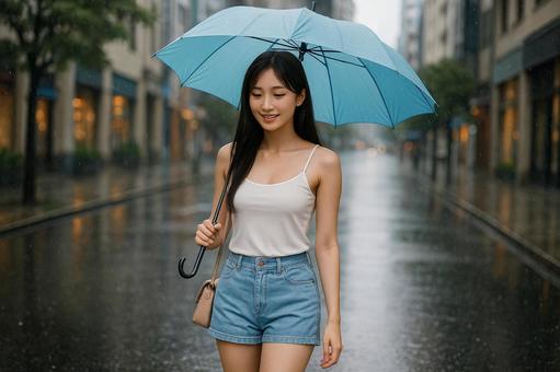 夏の雨キャミ短パン女性 夏の雨キャミ短パン女性の写真