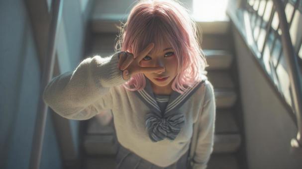 階段の上のピースの写真