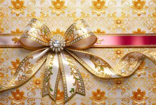 華やかな金の花柄のリボンと包装紙の写真