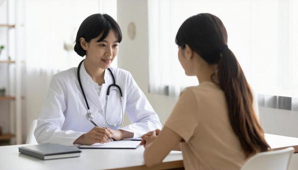 対面で問診をする若い女性医師 対面で問診をする若い女性医師の写真