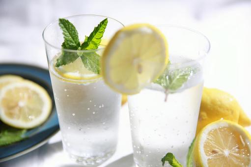 炭酸水とレモンとミントの写真