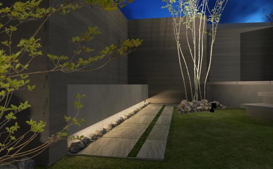 タイルテラスとベンチのある癒しの庭-夜 庭,外構,エクステリアの写真素材