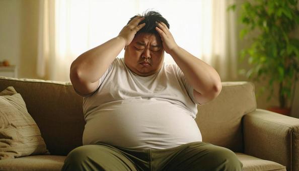肥満で疲れやすく、額に手をやる男性 肥満で疲れやすく、額に手をやる男性の写真