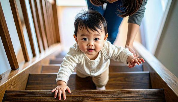 階段を下りるのが楽しい子供と支える母親 階段を下りるのが楽しい子供と支える母親の写真