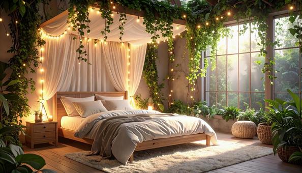 柔らかな光が灯る植物に囲まれた癒しの寝室 柔らかな光が灯る植物に囲まれた癒しの寝室の写真
