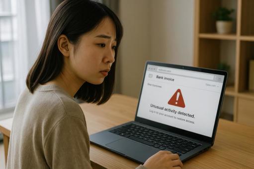 偽メールに戸惑う若い女性 偽メールに戸惑う若い女性の写真