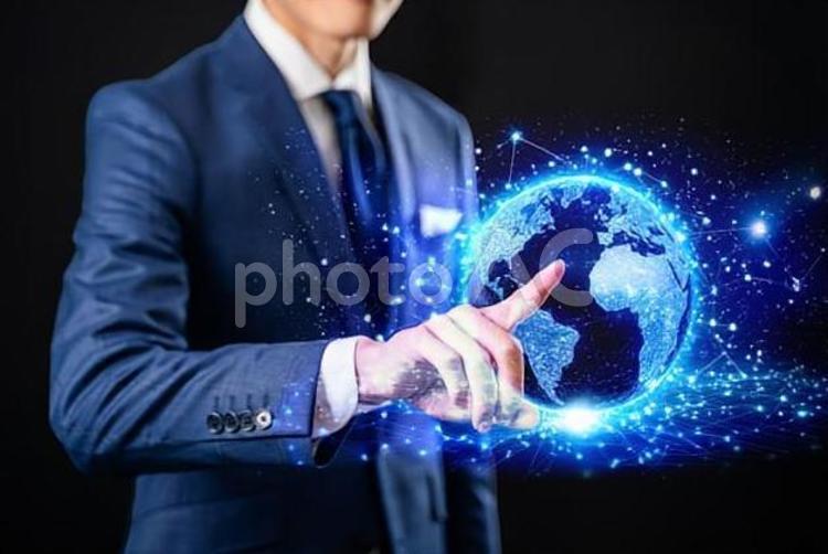 デジタルネットワークと男性ビジネスマン ネットワーク,ビジネス,地球の写真素材