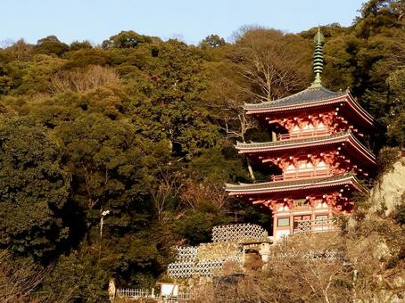 夕陽を浴びる岐阜公園三重塔の写真