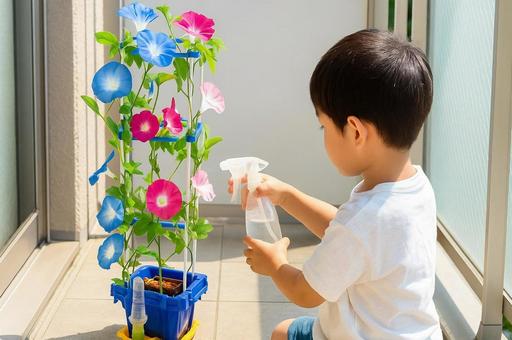 夏休みに朝顔に水やりする小学生の子供 夏休みに朝顔に水やりする小学生の子供の写真