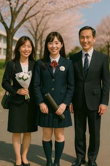 卒業式後両親と思い出を語りながら記念撮影 卒業式後両親と思い出を語りながら記念撮影の写真