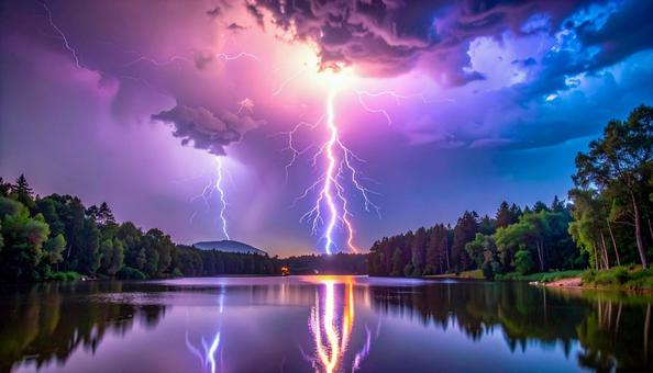 雷雨に照らされる湖畔の風景 雷雨に照らされる湖畔の風景の写真