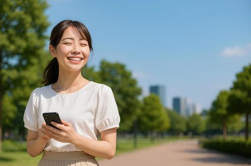 スマホを持ち笑顔で外を歩く女性 スマホを持ち笑顔で外を歩く女性の写真