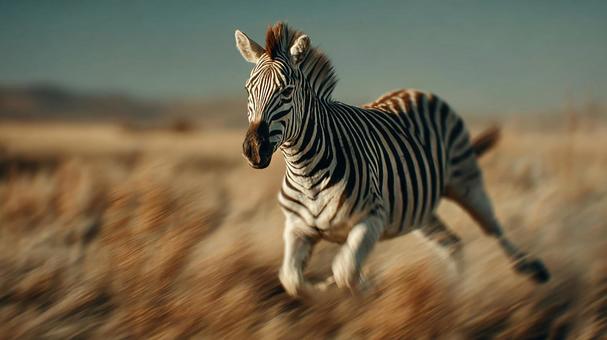 アフリカの平原を駆けるシマウマの写真