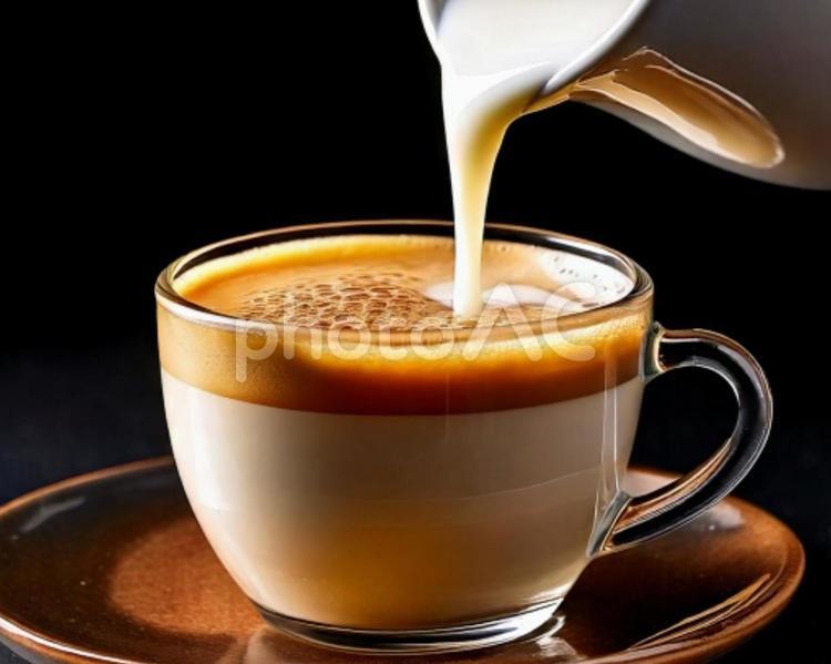 カフェラテを完成させる コーヒー,飲み物,カフェラテの写真素材