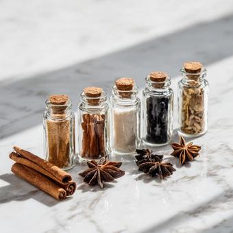 ガラス瓶に詰められたハーブとスパイスの写真