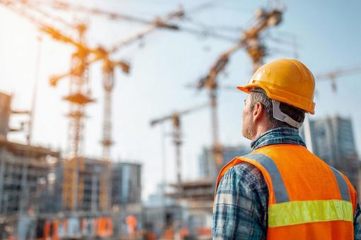 建設現場を見つめる安全ベストの作業員 建設現場を見つめる安全ベストの作業員の写真