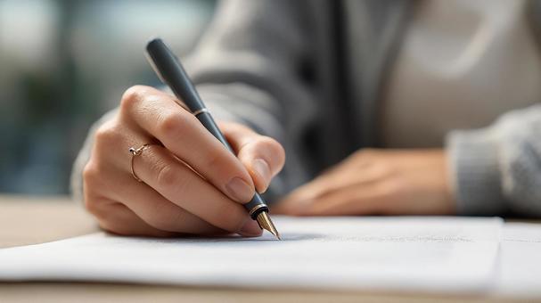 ペンを握り紙に文字を綴る ペンを握り紙に文字を綴るの写真