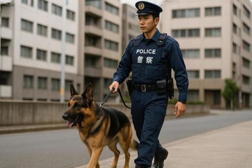 警察犬と歩く警察官 警察犬と歩く警察官の写真