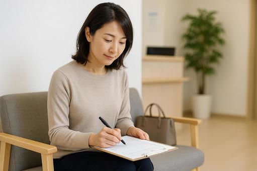 問診票記入女性患者 問診票記入女性患者の写真