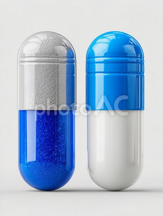 青と白の二つの医療用カプセル カプセル,薬,医薬品の写真素材