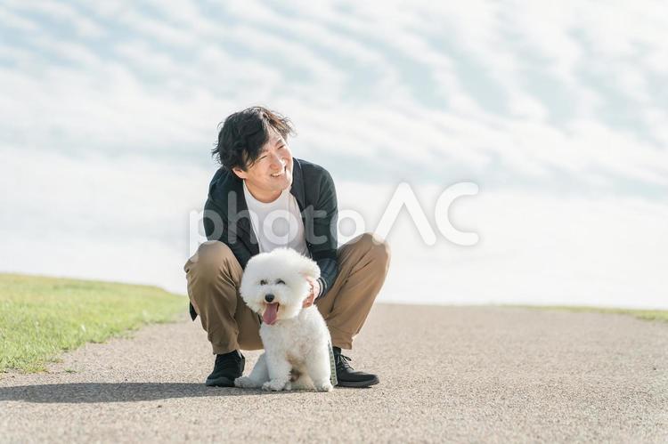 犬の散歩をする中年・ミドルの日本人男性 犬,ペット,散歩の写真素材