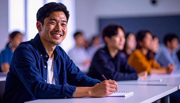 講師の講演を笑顔で聞くビジネスパーソン 講師の講演を笑顔で聞くビジネスパーソンの写真