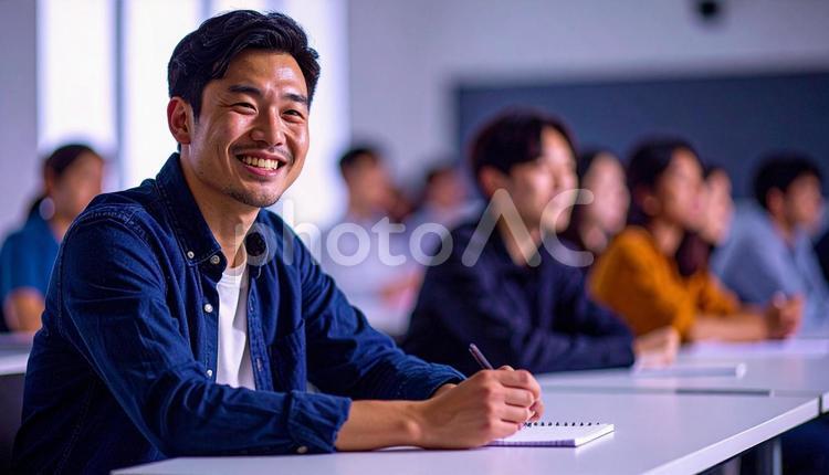 講師の講演を笑顔で聞くビジネスパーソン 講演,プレゼン,会議の写真素材